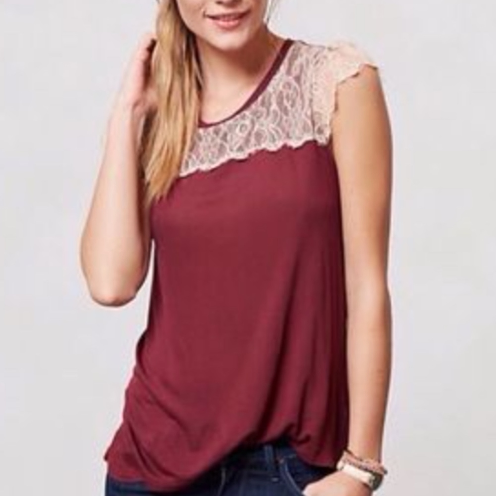 E by Eloise Anthropologie Maroon Tan Lace Top